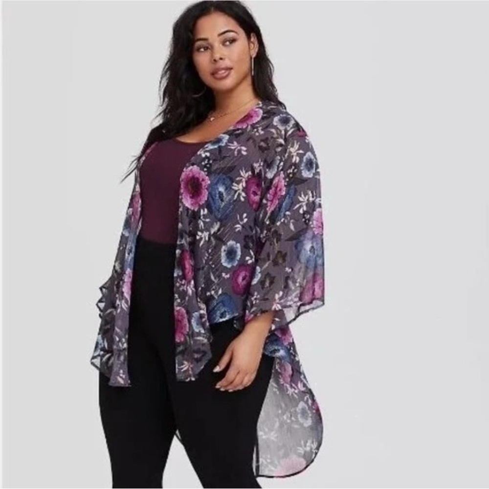 Torrid Women’s Black Purple Floral Metallic Open Front Shirttail Kimono Size 1/2